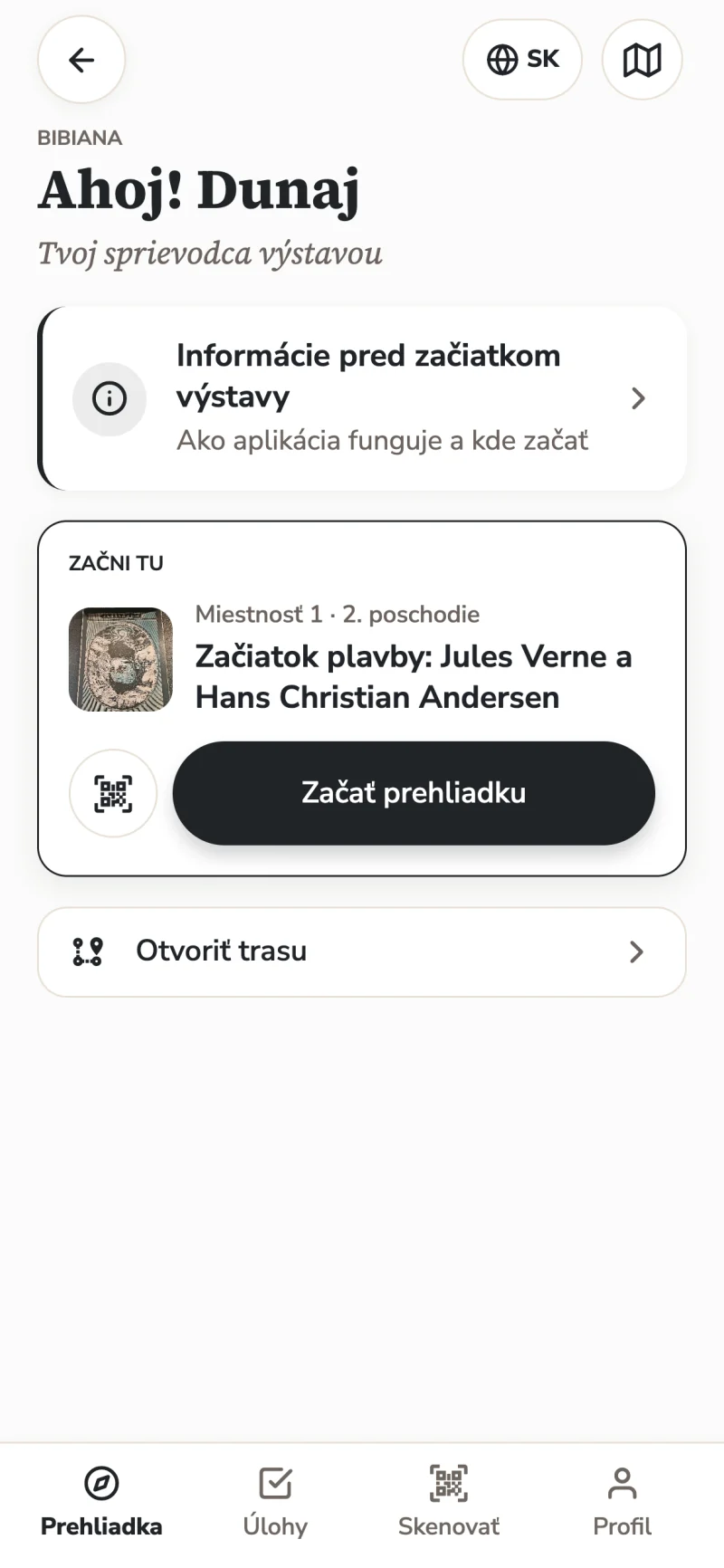 Úvod výstavy Ahoj! Dunaj s tlačidlom Začať prehliadku.