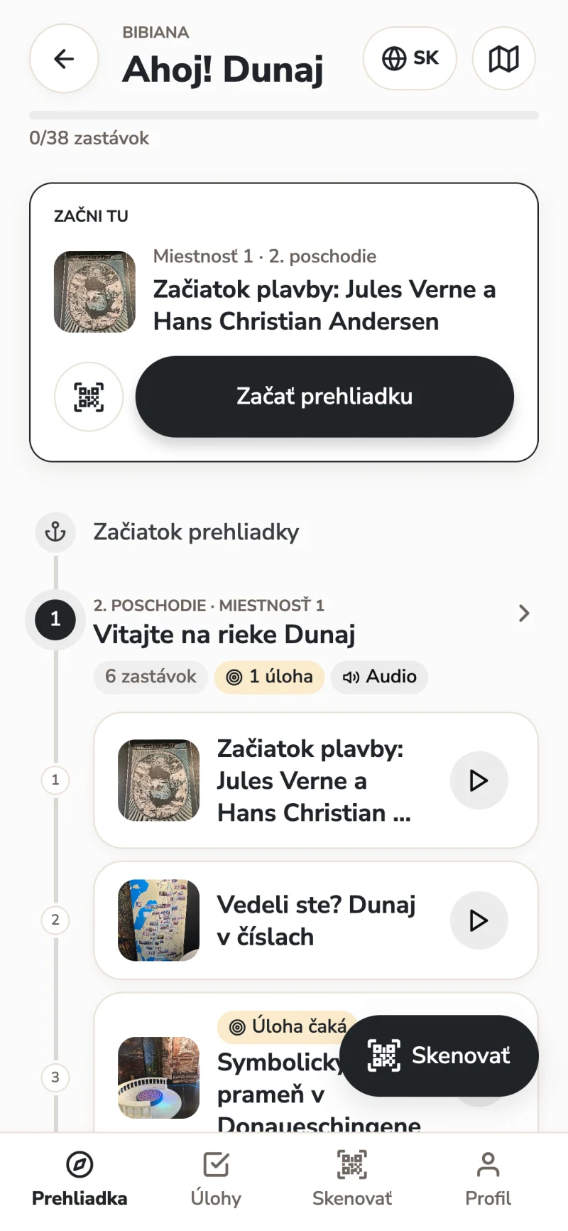 Trasa výstavy v aplikácii: časová os miestností a zastávok, 0 z 38 zastávok.