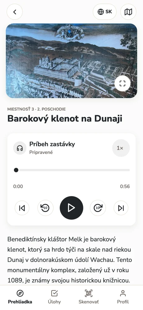 Zastávka Barokový klenot na Dunaji v telefóne: historická rytina kláštora Melk a prehrávač rozprávania s dĺžkou 0:56.